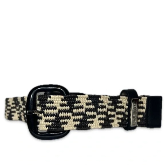 Nine West Black and Cream Striped Stretch Woven Belt - Picture 1 of 4